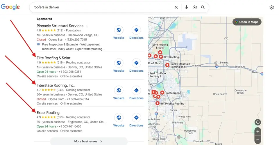 Google Business Profile Map Pack Showing Roofers