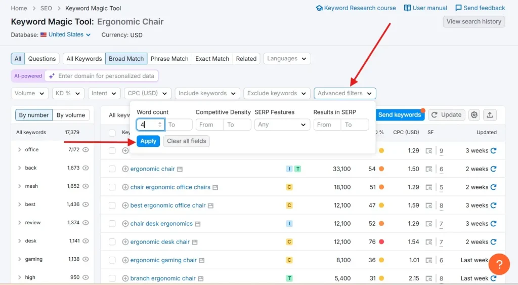 Keyword Magic Tool Advanced Filter
