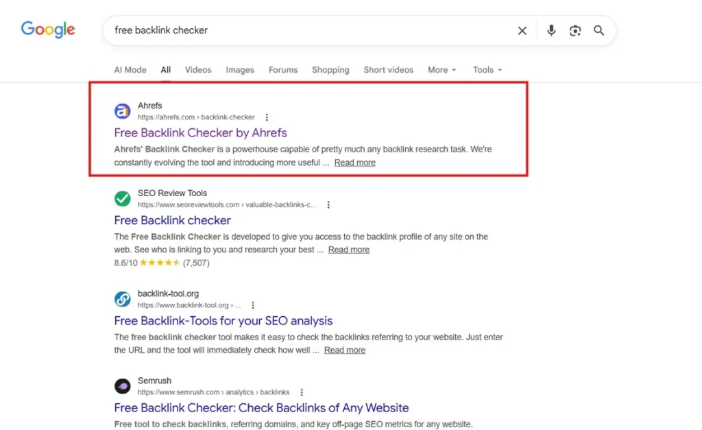 SERP Showing Ahref's Free Backlink Checker Ranking On The First Page