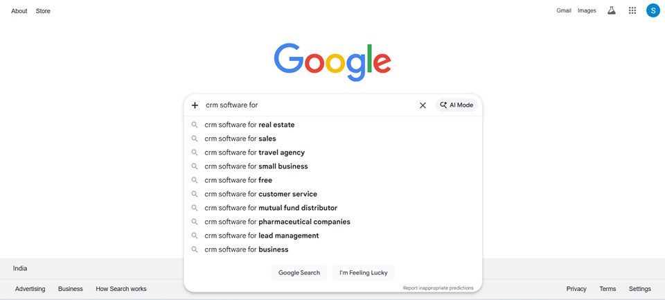 Google Auto Suggest Showing Keywords Suggestion For The Keyword CRM For