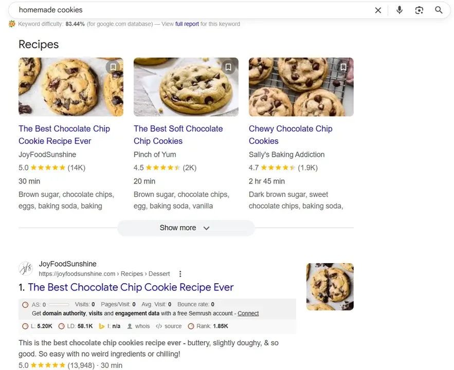 SERP Showing Homemade Cookie Recipes