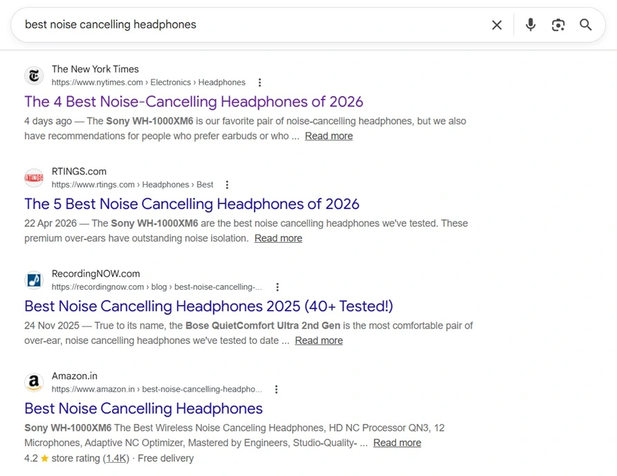Showing Example Of Search Intent Best Noise Cancelling Headphones