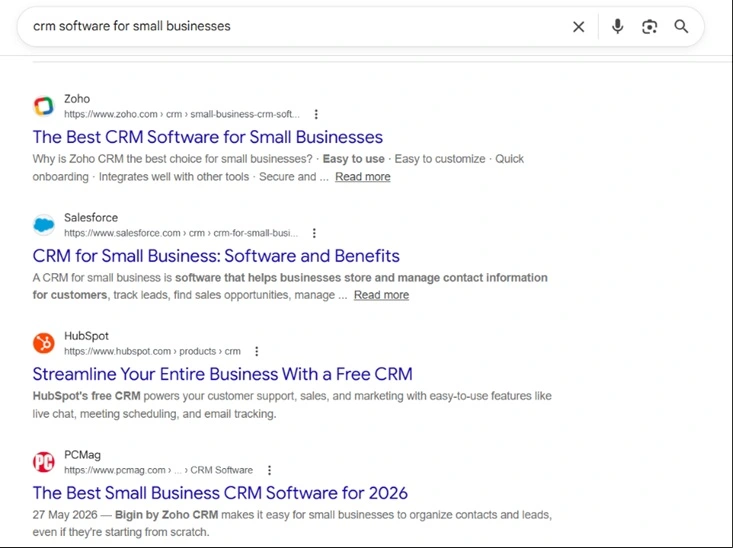 Search Intent Example: CRM For Small Businesses